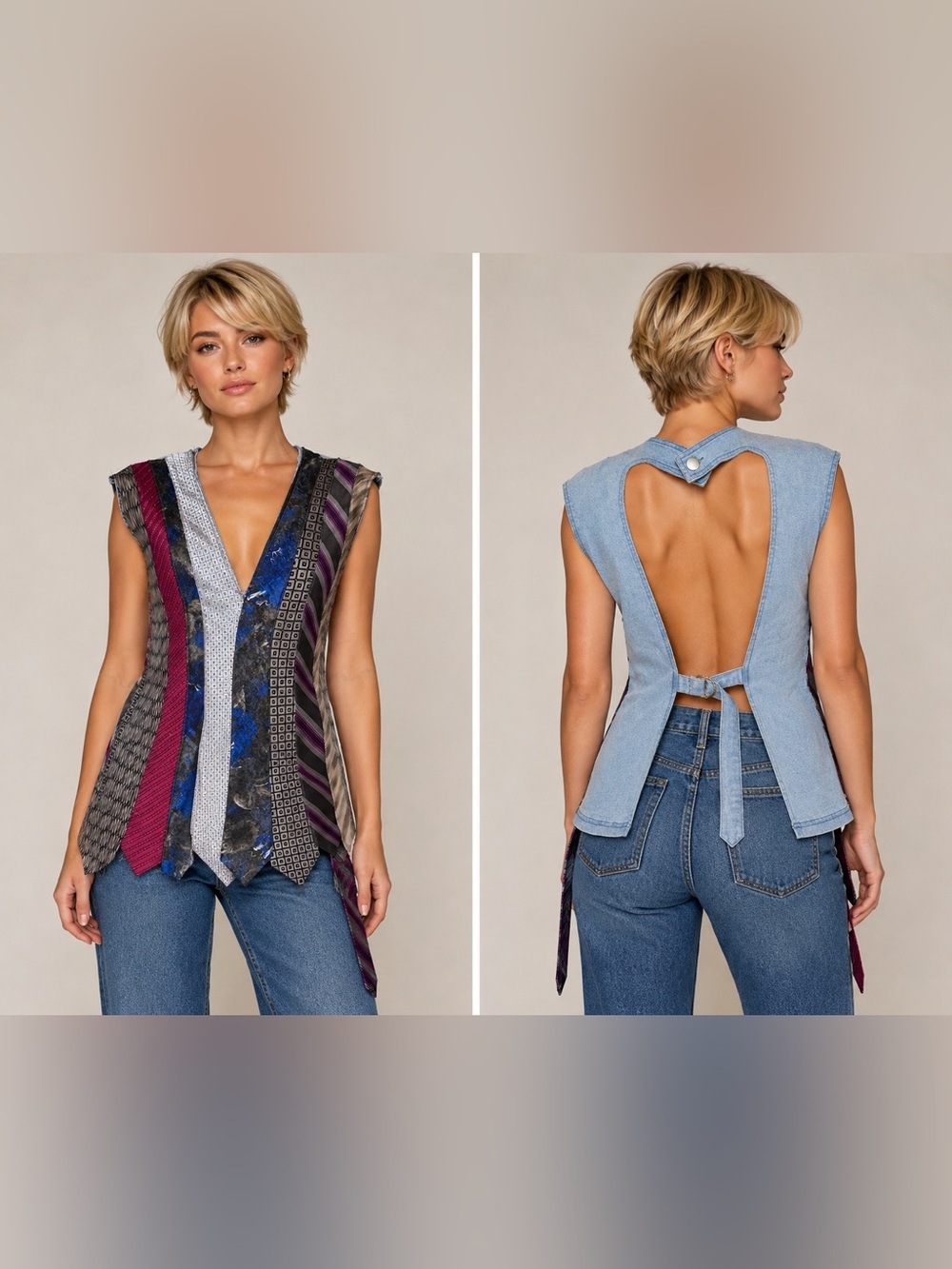 Upcycled tie strip V open back denim Mixed Print top size M